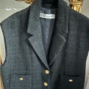Zara Black Tweed Vest with Gold Buttons
